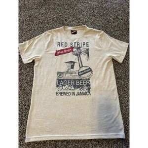 Red Stripe Lager Beer Graphic Beach T Shirt Men's Size Large Beige Tee